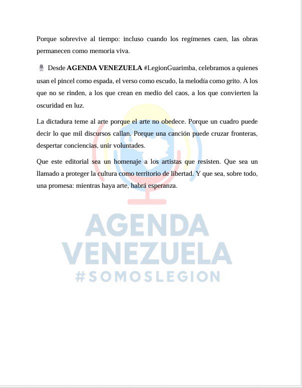 🎭 En tiempos de dictadura, crear es resistir.
Cuando la censura asfixia, cuando el miedo paraliza y la represión amenaza,
el arte se convierte en un grito de libertad.

El régimen de Maduro ha intentado callar voces, borrar colores y controlar cada trazo de cultura…
Pero no