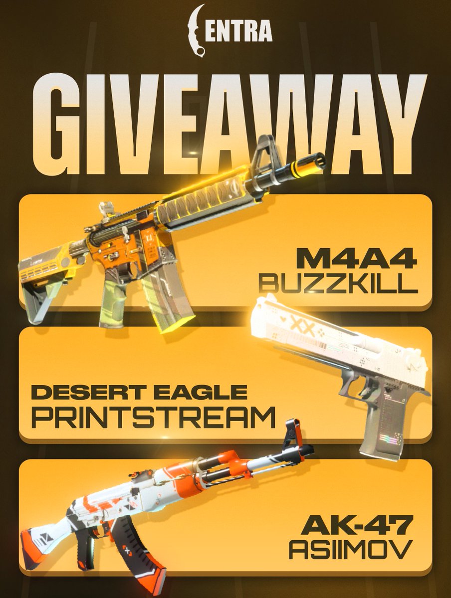 CentraTrades's tweet image. GIVEAWAY - 3x CS2 Skins (3 WINNERS) 🟡

1⃣ Follow @CentraTrades 
2⃣ Like &amp;amp; RT

Giveaway is ending in 7 days ⏰