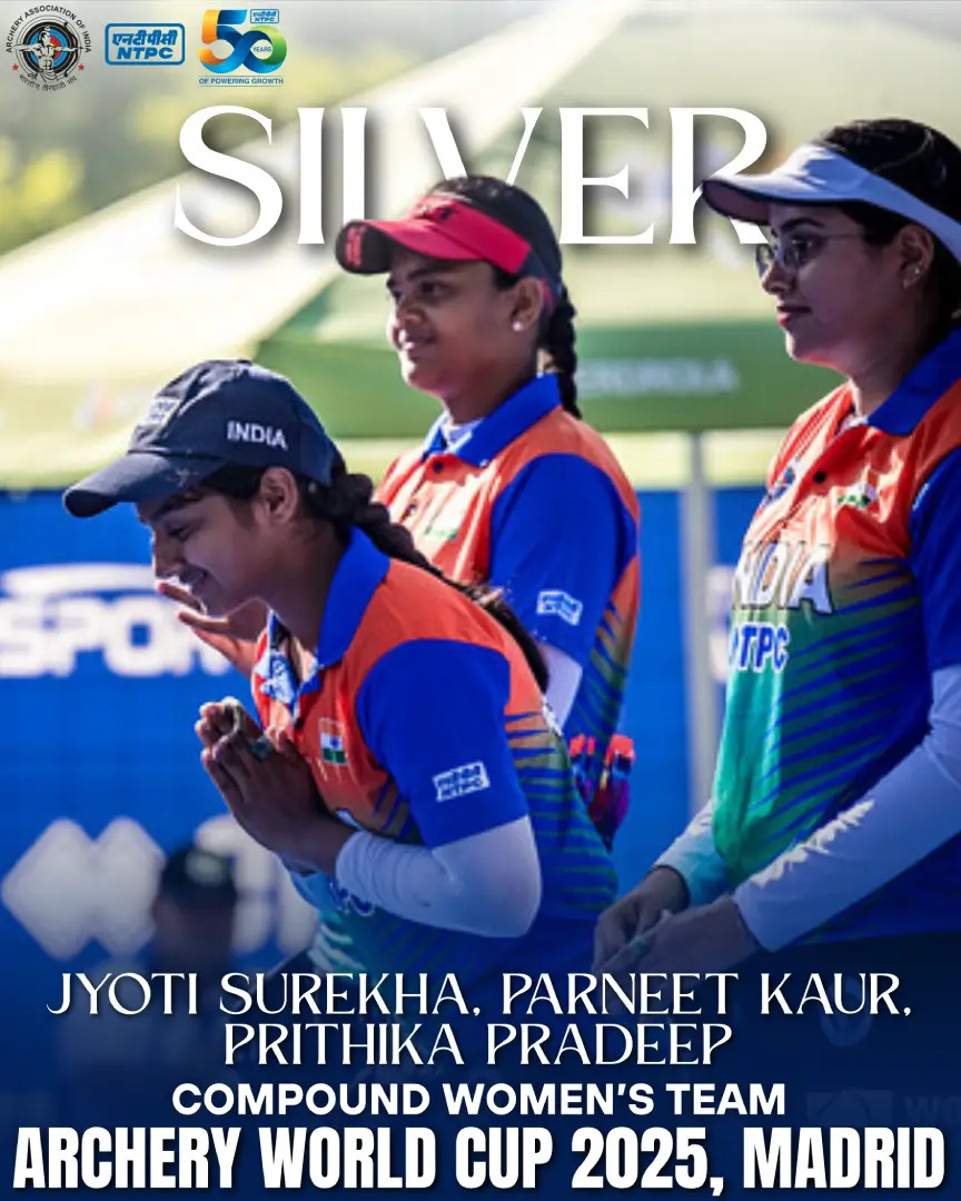 ARCHERY ASSOCIATION OF INDIA (@india_archery) on Twitter photo The women’s compound team of Jyothi Surekha Vennam, Parneet Kaur, and Prithika Pradeep delivered a commendable performance to secure the silver medal
A proud moment for #IndianArchery.
Congratulations to Jyothi, Parneet, and Prithika
Title sponsor: <a href="/ntpclimited/">NTPC Limited</a>
#Archery2025 The women’s compound team of Jyothi Surekha Vennam, Parneet Kaur, and Prithika Pradeep delivered a commendable performance to secure the silver medal
A proud moment for #IndianArchery.
Congratulations to Jyothi, Parneet, and Prithika
Title sponsor: <a href="/ntpclimited/">NTPC Limited</a>
#Archery2025