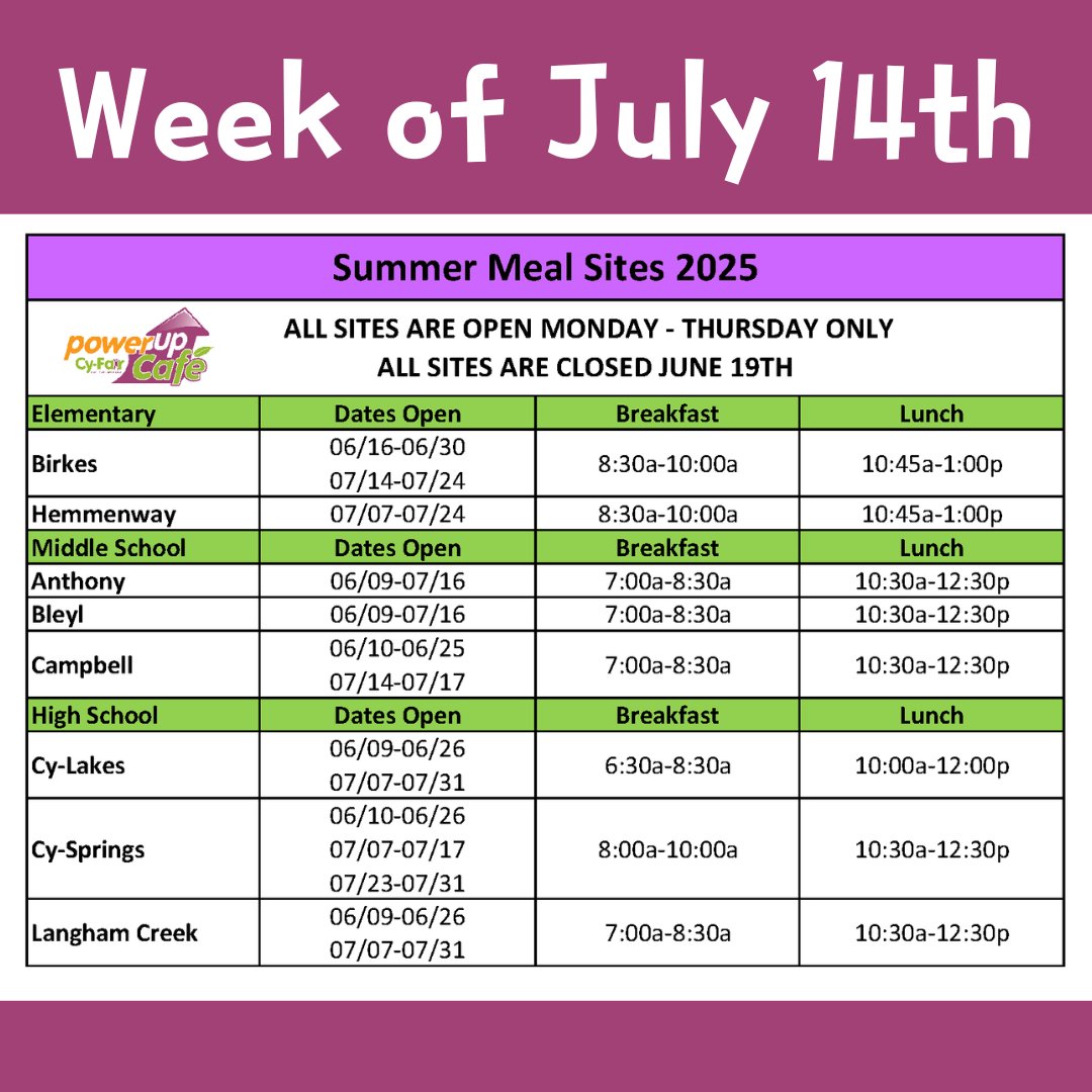 Only three weeks left of Summer Meals!  Make sure to take advantage and feed your students 18 and under breakfast and lunch at these sites at no cost! Be sure to double check our open site as some have closed with summer school ending at some sites.