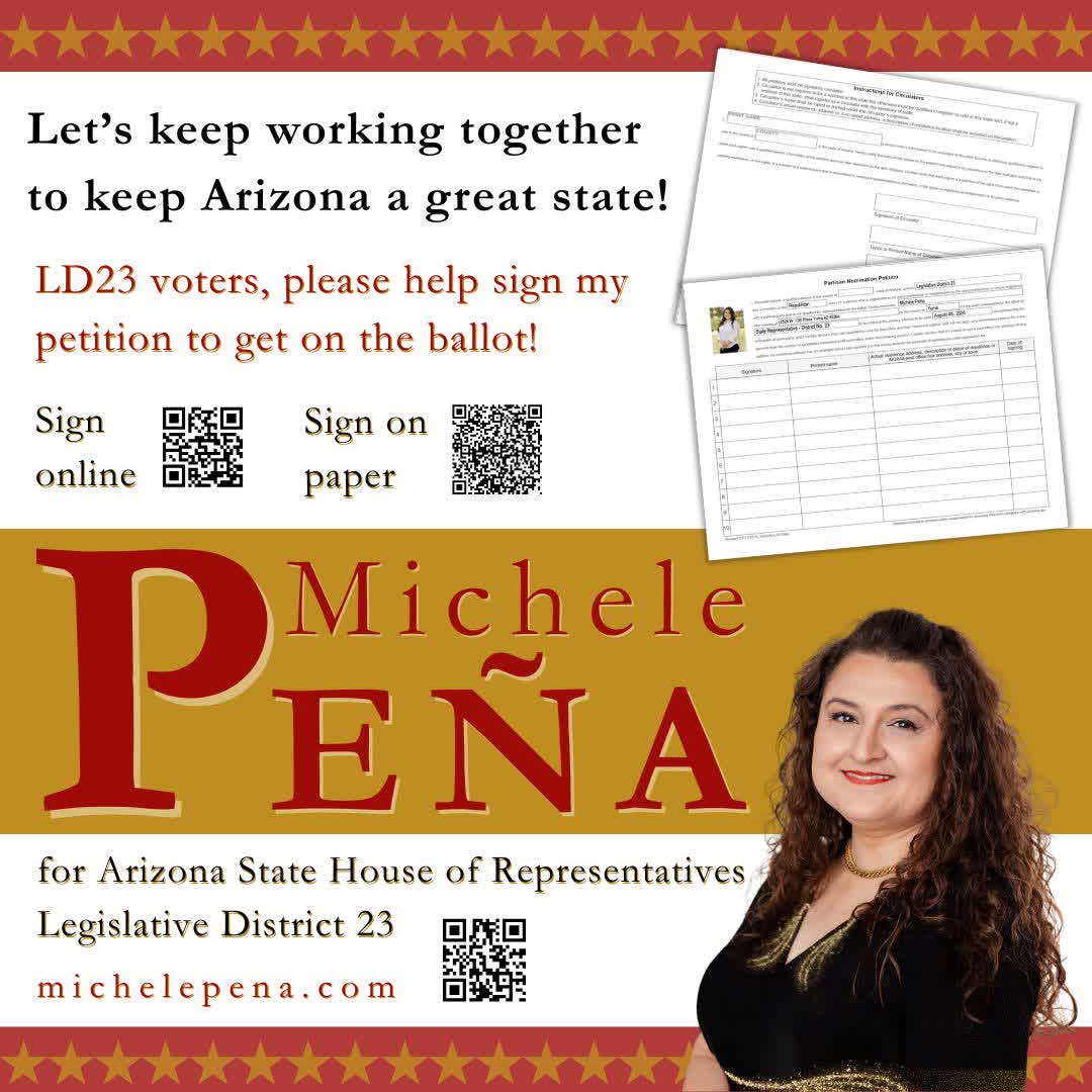 I'm running for my third term to continue working for you.
If you live in AZ Legislative District 23, you can help me get on the ballot by signing my petition on paper or online. Thank you!
On paper: bit.ly/MPsignatures26
Online: bit.ly/MPeQual26