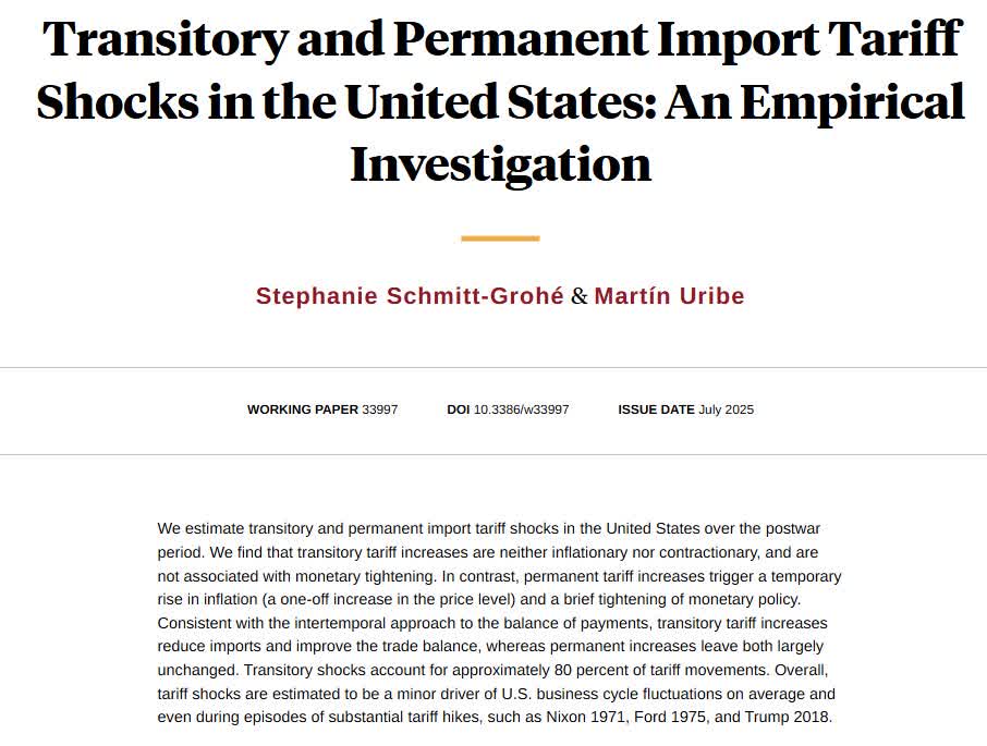 The majority of US tariff shocks are transitory, non-inflationary, non-contractionary, and not followed by monetary tightening. Tariffs are a minor driver of US business cycles, from Stephanie Schmitt-Grohé and Martín Uribe nber.org/papers/w33997