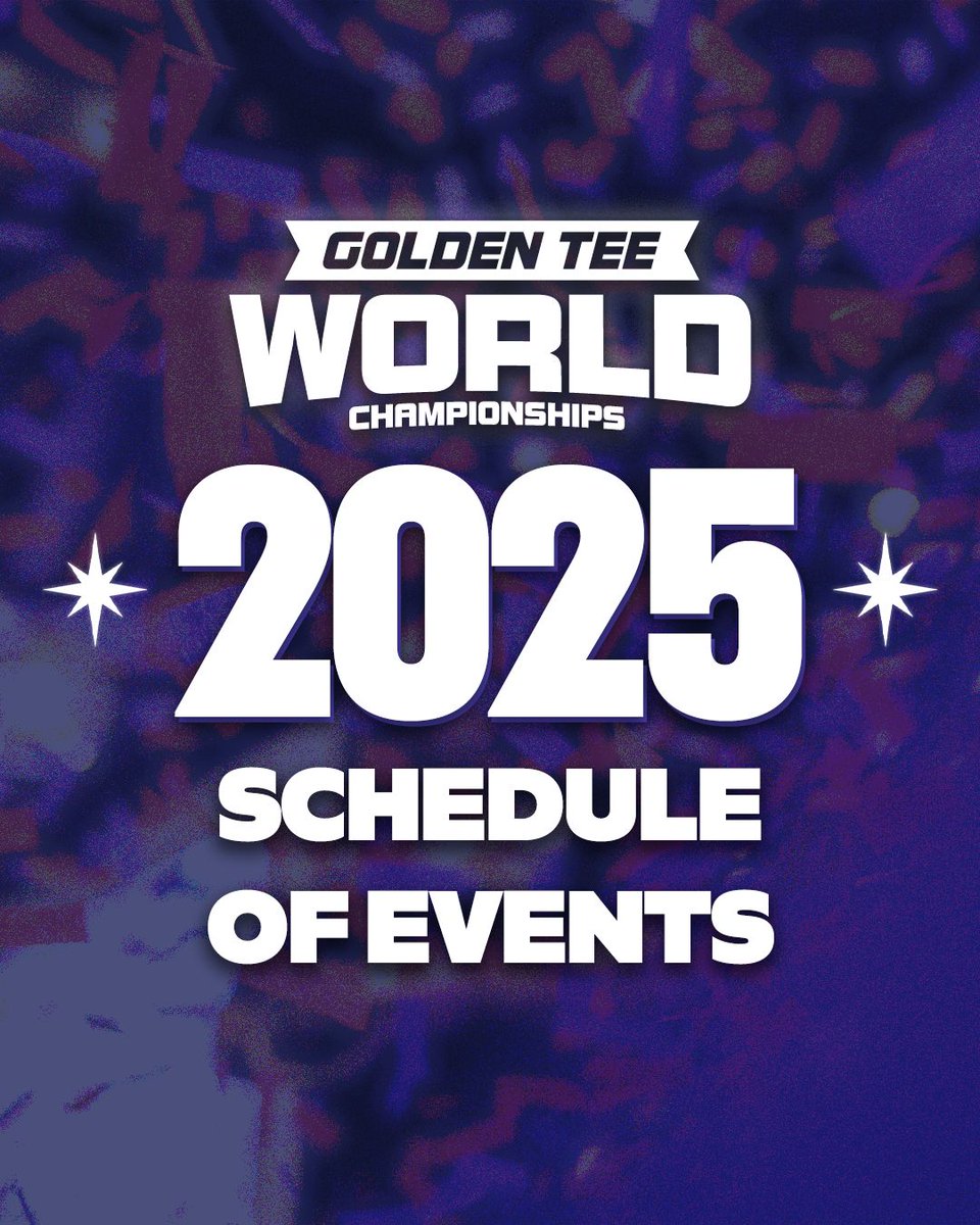 GoldenTee's tweet photo. Mark your calendars and don't miss out on the action ⛳️ 👀

The 2025 Golden Tee World Championships are this week! Whether you're watching from home or in-person, here's the full schedule of events for the best Golden Tee event of the year!

#gtworlds2025 #goldentee #goldenteegolf #esports #vegas #golfing #golf #golfgame #videogame #arcadegame #tournament