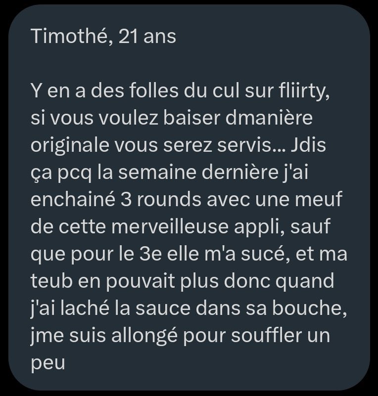 ZoneconFesse's tweet photo. Timothé vous aura prévenu : y a des folles sur Fliirty mdrrr

(1/3) https://t.co/LaV5JfV9nr