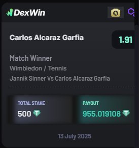 Daily Cuties ๐ (@cuties_zone) on Twitter photo ๐พ Backed 500 $USDT on Carlos Alcaraz to win vs Sinner for a shot at 955 $USDT ๐ฏ
Best betting odds in Wimbledon Tennis today!
Only on <a href="/DexWin_Sports/">DexWin Crypto Betting</a> โ blockchain betting with top-tier VIP perks ๐ ๐พ Backed 500 $USDT on Carlos Alcaraz to win vs Sinner for a shot at 955 $USDT ๐ฏ
Best betting odds in Wimbledon Tennis today!
Only on <a href="/DexWin_Sports/">DexWin Crypto Betting</a> โ blockchain betting with top-tier VIP perks ๐