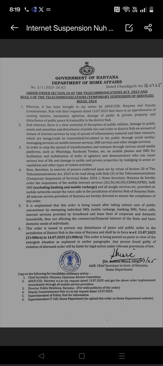 IpsitaTOI's tweet image. Nuh on high alert ahead of Brijmandal Yatra, internet suspended