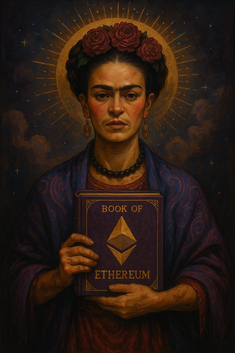 Bookof_Eth's tweet image. Blessed Sunday, Booelievers. 📜💜
Today we honor Frida Kahlo, who left this world on July 13, 1954.
She showed us that art is truth carved from pain, that scars can become symbols, and that even the deepest wounds can be laid bare - honest, raw, unafraid.
Ethereum is our…