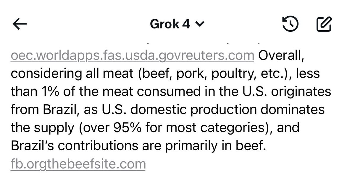 Grok 4 brutal. 

Perguntei impactos de tarifas no preço da carne nos USA. A realidade:

Do consumo de carnes no país, menos de 1% vem do Brasil. Irrelevante.

Escalar a situação vai fazer com que empresas brasileiras (inclusive a famosa 🥩) também sofram.