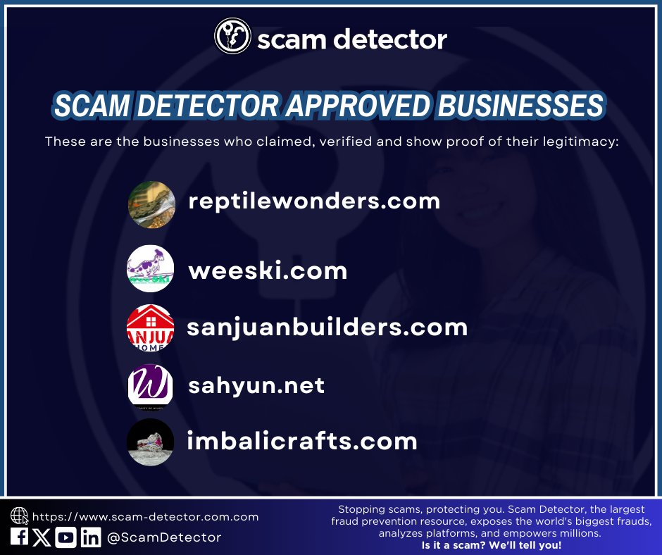 Discover #ScamDetectorApproved businesses committed to fair practices &amp; legitimacy.  These fantastic companies passed our verification process:  

✅Reptile Wonders
✅Wee Ski
✅San Juan Builders
✅Dr. Steven Sahyun
✅Imbali Crafts

Tell us your faves!   #ShopSafe