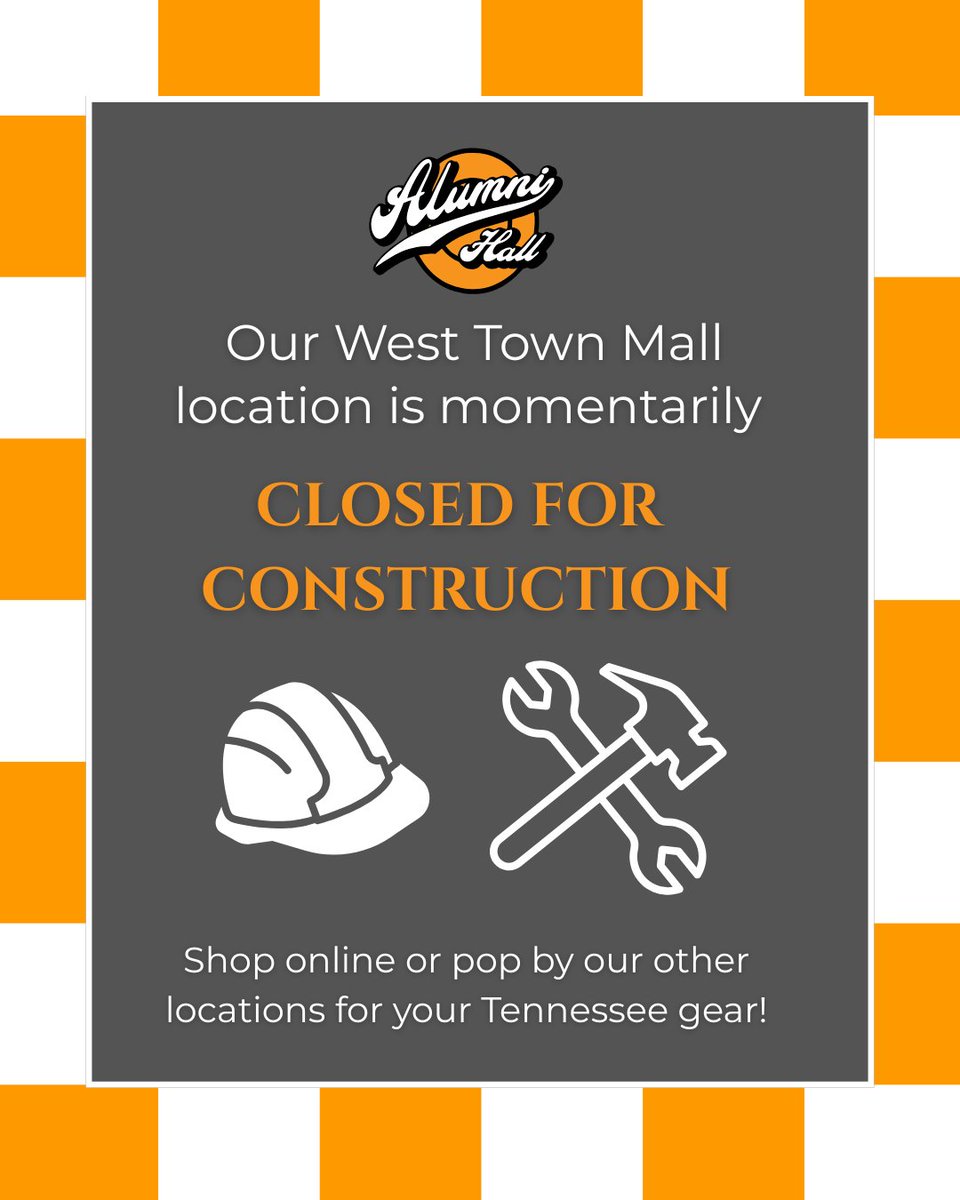 Our West Town Mall location is closed momentarily for a little construction 🔨👷‍♂️ Visit our other locations or shop online for your TN gear!
alumnihall.com/tennessee-volu…