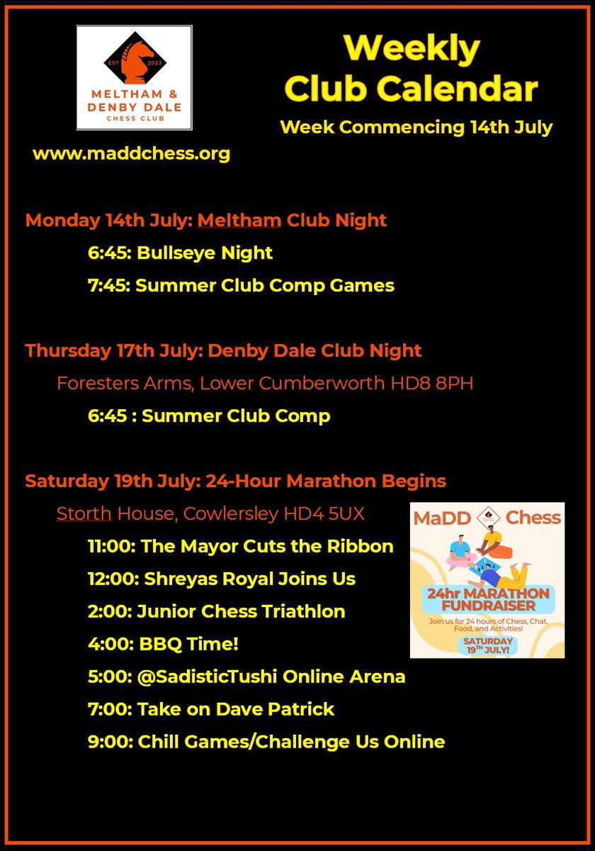 MaDDChess's tweet image. Next weeks schedule! Capped off by the small matter of our 24hr fundraising marathon #Chess