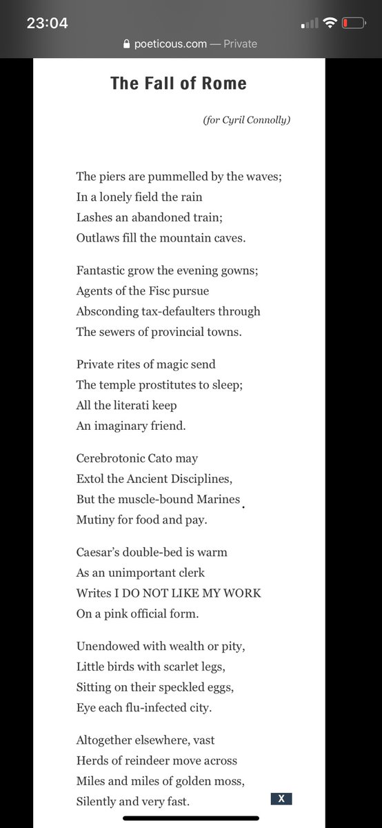 neilsonandrew's tweet image. Cyril Connolly asked Wystan Auden to write a poem that would make him cry. Here is the poem. It has perhaps the greatest ending to a poem ever. It also (always) feels timely.