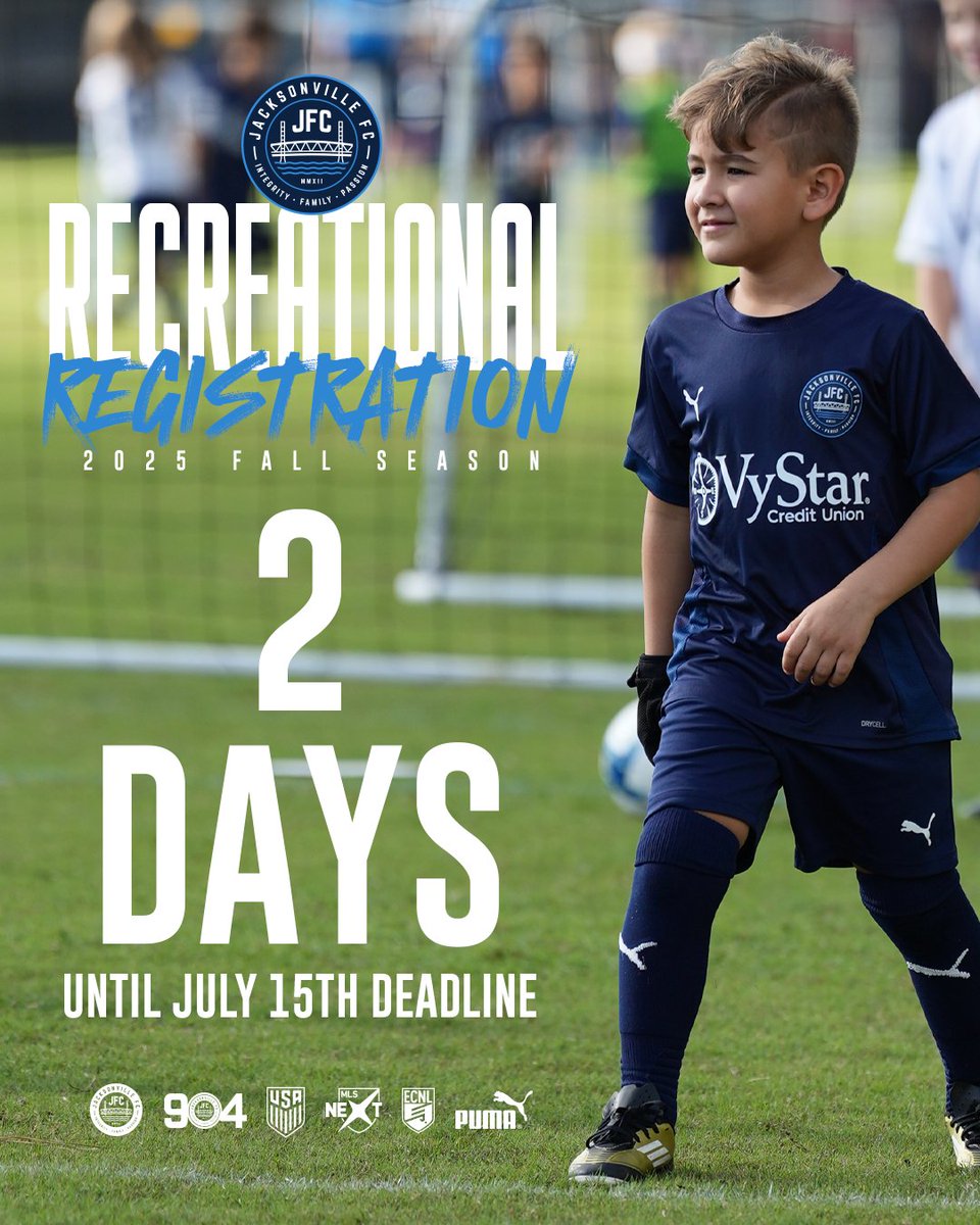 jacksonville_fc's tweet image. Only 2 Days Left!!!
Time is almost up. If you have not registered for our JFC Recreational Programs, you are about to miss out.
Spots are filling fast and the deadline is July 15. After that, it is waitlist only.
Do not let your child miss the chance to play this fall. Sign up…