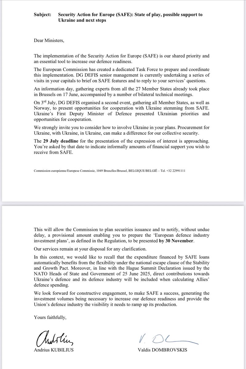 VDombrovskis's tweet image. As the deadline approaches for 🇪🇺 Member States to submit to @EU_Commission their requests for #SAFE loans, @KubiliusA and I together called on all MSs not to forget Ukraine and use the SAFE instrument in Ukraine, with Ukraine and for Ukraine 🇺🇦!