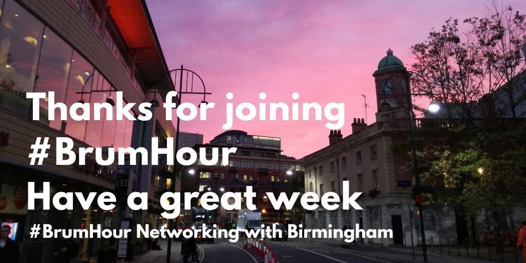 #BrumHour π Networking with #Birmingham (@brumhour) on Twitter photo Thanks for joining #BrumHour I'm <a href="/DavidWMassey/">Dave Massey #BrumHour</a>.
Join us for online networking with #Birmingham every Sunday at 8pm to introduce yourself & the business, freelancing skills or charity work that you do.
Find out more: brumhour.co.uk/about-brumhour/
Have a great week! Thanks for joining #BrumHour I'm <a href="/DavidWMassey/">Dave Massey #BrumHour</a>.
Join us for online networking with #Birmingham every Sunday at 8pm to introduce yourself & the business, freelancing skills or charity work that you do.
Find out more: brumhour.co.uk/about-brumhour/
Have a great week!