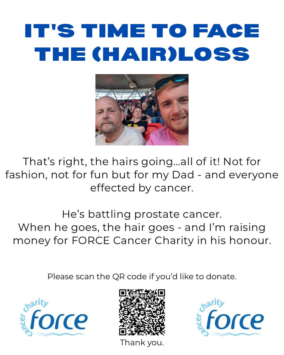 jakecourtier's tweet photo. 🧑‍🦲 I’m shaving my head in honour of my dad, a proud @Argyle fan,  who’s battling prostate cancer. When he goes it goes. 

Raising funds for @forcecancer to help families like mine.

👉🏻https://t.co/mlUnBZTjef #pafc https://t.co/Whrz29YXxc