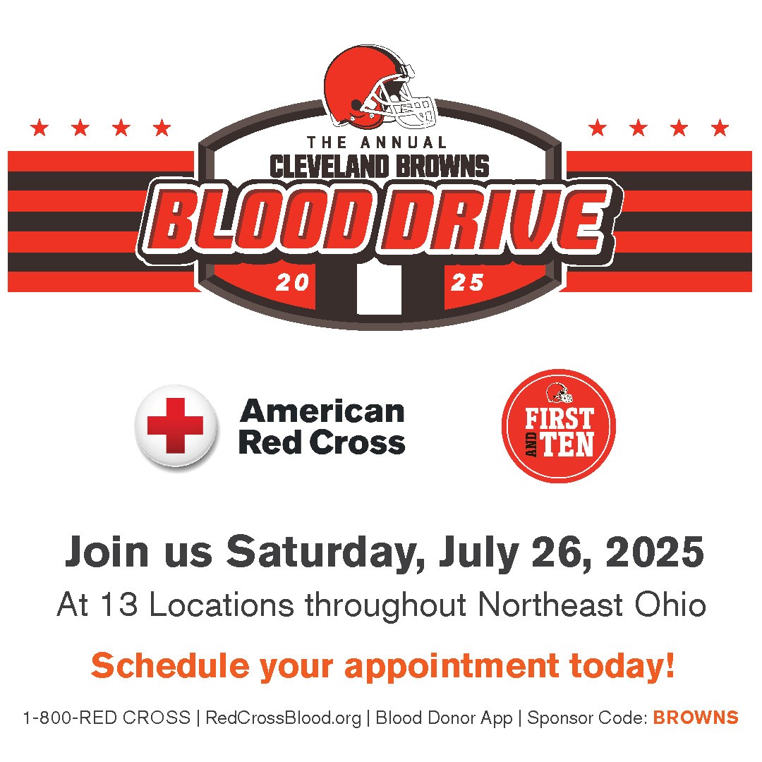 In just a few Sundays we'll be cheering on the Browns 🏈 but before that, join us for the #ClevelandBrowns Blood Drive! Details below. Tap the link to sign up and use promo code BROWNS -&gt; redcrossblood.org