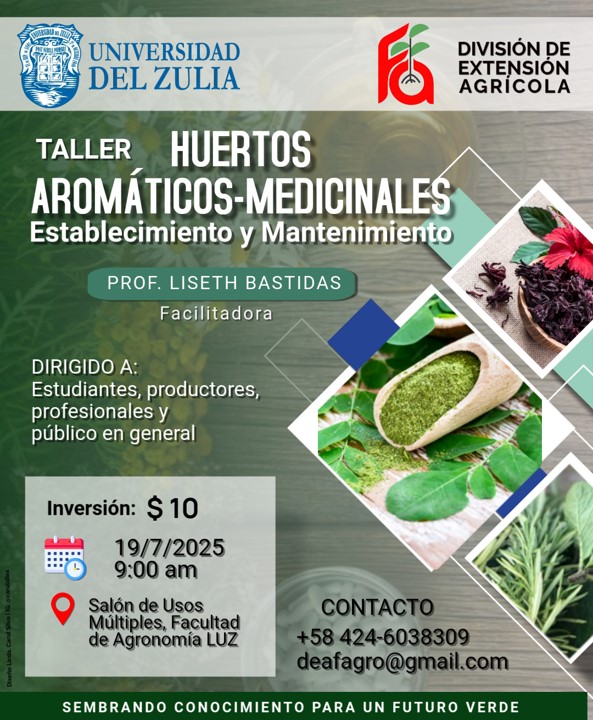 Taller "Huertos Aromáticos-Medicinales: Establecimiento y Mantenimiento", dictada por la Prof. Liseth Bastidas.
📅 Fecha: 19 de julio de 2025
🕘 Hora: 9:00 am
📍 Lugar: Salón de Usos Múltiples de <a href="/FagroLUZ/">Facultad Agronomía</a>
💵 Inversión: $10
📞 Contacto: +58 424-6038309
¡Cupos limitados!