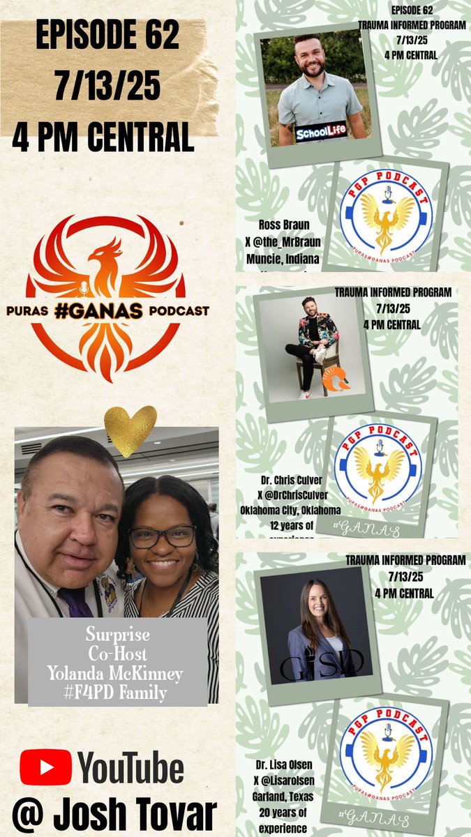 Josh Tovar (@mpa_gojaguars) on Twitter photo #PGPPODCAST
<a href="/JTSPOTLIGHTS/">Josh Tovar</a>
Episode 62
TRAUMA AND RESILIENCE IN EDUCATION
<a href="/the_MrBraun/">Ross Braun</a> @lisarolsen <a href="/DrChrisCulver/">Dr. Chris Culver</a>
LINK FOR SHOW
youtube.com/live/Y3SHhCrEMā¦
NEXT WEEK
"AND NOW THAT I'M RETIRED"
Episode 63 Alma Frygez <a href="/bloomer_sa/">Todd Bloomer</a> Martin Silverman <a href="/cynsationalcynd/">Cyndi Ponce</a> <a href="/coachthomastech/">Dan Thomas - Hands-On Fun w/ STEM & PBL & LEGOš§š</a> #PGPPODCAST
<a href="/JTSPOTLIGHTS/">Josh Tovar</a>
Episode 62
TRAUMA AND RESILIENCE IN EDUCATION
<a href="/the_MrBraun/">Ross Braun</a> @lisarolsen <a href="/DrChrisCulver/">Dr. Chris Culver</a>
LINK FOR SHOW
youtube.com/live/Y3SHhCrEMā¦
NEXT WEEK
"AND NOW THAT I'M RETIRED"
Episode 63 Alma Frygez <a href="/bloomer_sa/">Todd Bloomer</a> Martin Silverman <a href="/cynsationalcynd/">Cyndi Ponce</a> <a href="/coachthomastech/">Dan Thomas - Hands-On Fun w/ STEM & PBL & LEGOš§š</a>