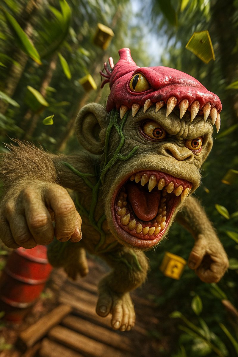 {
  "character": "[main character – in the images attached]",
  "scene": {
    "description": "A split-second freeze frame of high-speed jungle chaos. The character bursts out of the dense tropical canopy, mid-air, in a full forward charge — teeth bared, eyes wide, mouth open in