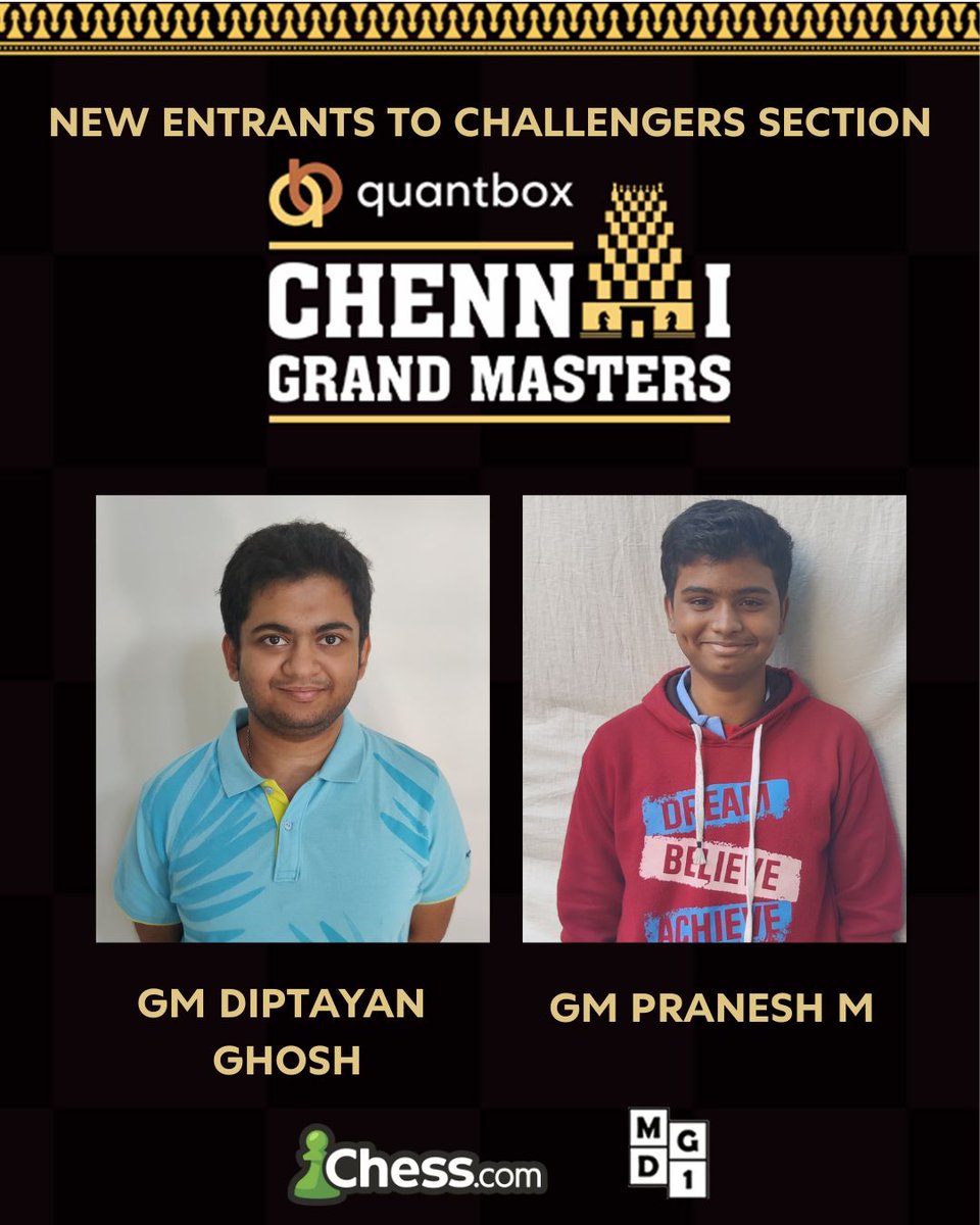 Chess.com - India (@chesscom_in) on Twitter photo Congratulations to ๐ฎ๐ณ GMs Diptayan Ghosh and Pranesh M for qualifying to the challengers section of the <a href="/Chennai_GM/">Quantbox Chennai Grand Masters</a> event!
<a href="/diptayan_ghosh/">Diptayan Ghosh</a> won the knockout and Pranesh secured second place. Congratulations to ๐ฎ๐ณ GMs Diptayan Ghosh and Pranesh M for qualifying to the challengers section of the <a href="/Chennai_GM/">Quantbox Chennai Grand Masters</a> event!
<a href="/diptayan_ghosh/">Diptayan Ghosh</a> won the knockout and Pranesh secured second place.