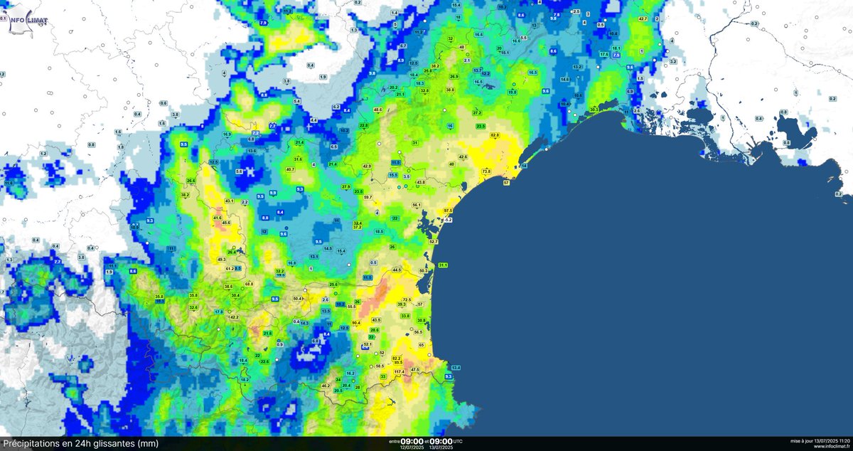 SergeZaka's tweet image. Je viens avec d'excellentes nouvelles ! Un épisode pluvieux hors saison très remarquable vient de toucher la région méditerranéenne, apportant des cumuls records :
➡️ Risque de feux supprimé pour au moins une semaine grâce à l’humidification des sols et de la végétation.
➡️ Fin…