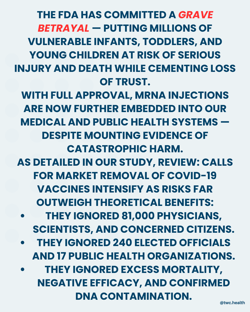 twc_health's tweet image. FDA Commits Grave Betrayal: Fully Approves Deadly Genetic Injections for Infants
The FDA granted full approval for Moderna’s COVID-19 mRNA injection (Spikevax) in “at-risk” children aged 6 months to 11 years.
Why?
Read more that the link in our bio under the Well Read Series…