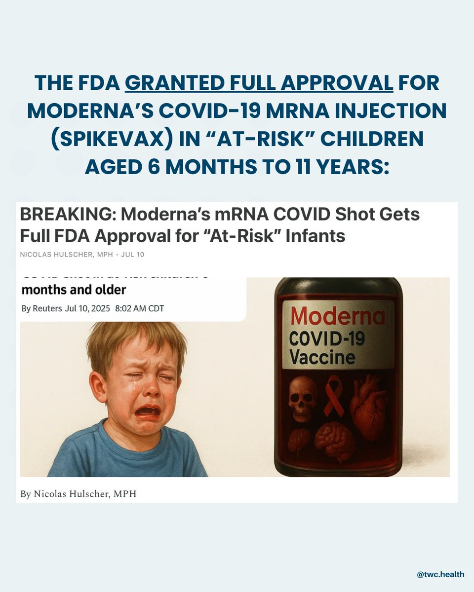 twc_health's tweet image. FDA Commits Grave Betrayal: Fully Approves Deadly Genetic Injections for Infants
The FDA granted full approval for Moderna’s COVID-19 mRNA injection (Spikevax) in “at-risk” children aged 6 months to 11 years.
Why?
Read more that the link in our bio under the Well Read Series…