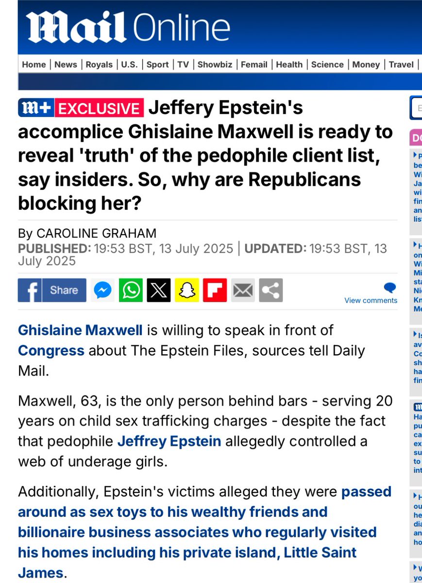 Well there you go.

Maxwell is appealing to the Supreme Court tomorrow.

Sources who have spoke on her behalf to news outlets in the past say she’s ready to “share the Epstein” list in exchange for a non-prosecution deal.

She’s signalling to Trump she is ready to talk, and if
