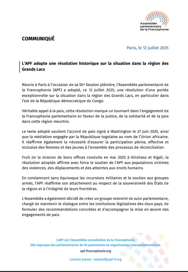 AssembleeNatRDC's tweet image. 50ème session de l'Assemblée Parlementaire de la Francophonie à Paris :
La résolution historique de l'APF sur la situation dans la région des Grands Lacs.