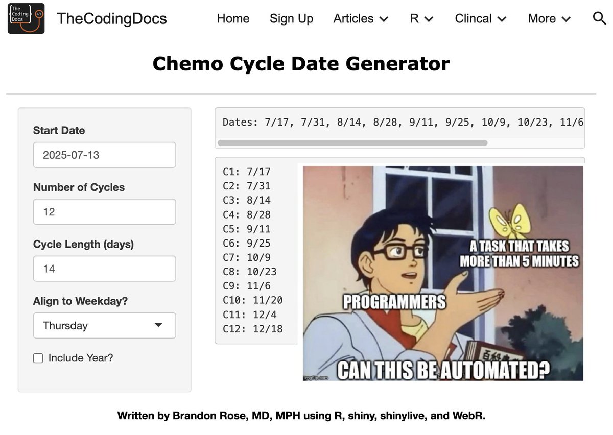 BRoseMDMPH's tweet image. I spent WAY too long last week in oncology clinic manually generating chemotherapy dates and appointments for schedulers. So, in a fit of rage, I vibe-coded this simple app to forever do this for me... and you! #rstats 👨💻 @TheCodingDocs
📊 Free app --> thecodingdocs.com/clincal/chemo-…