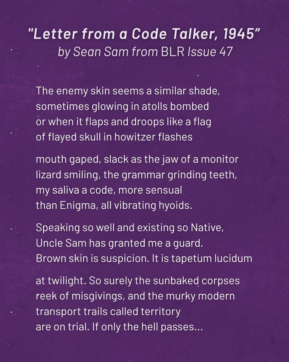 BLReview's tweet image. BLR's Weekly Read newsletter brings you one outstanding story, poem, or essay from our archive. This week's read is "Letter from a Code Talker, 1945" by Sean Sam, from Issue 47. 📖 Read the full poem and learn more about this Weekly Read: blreview.org/blog/weekly-re…