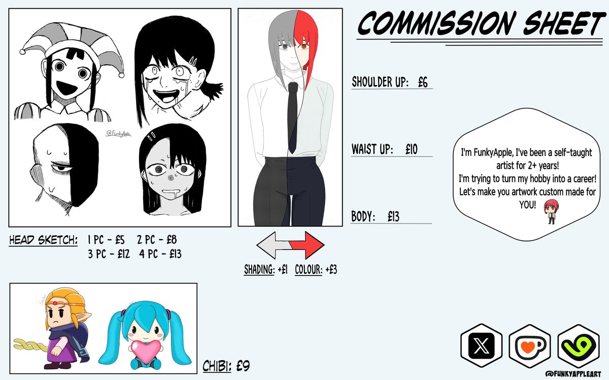 FunkyAppleArt's tweet image. Commissions open now!!
Any support would mean the world to me, I'm currently aiming for #vgen verification. Link in description.
#animeart #commissionsopen #oc #vtuber #Commission