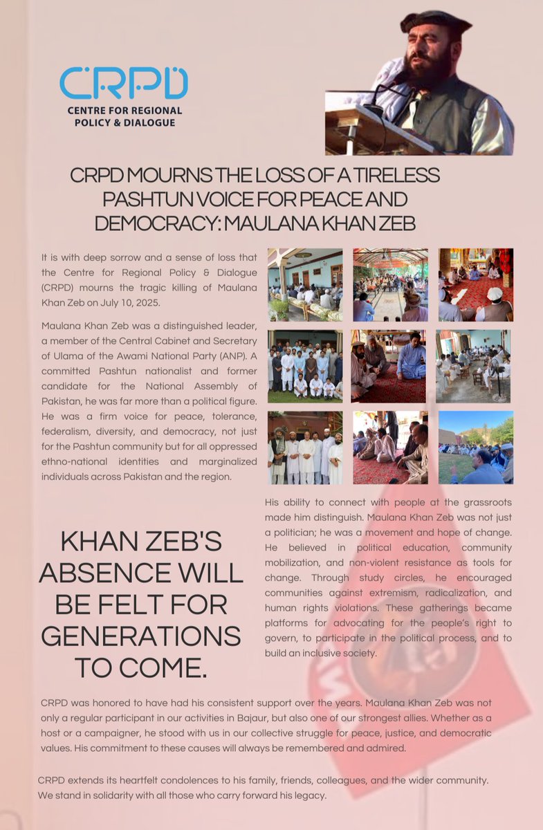 CRPD Mourns the Loss of a Tireless Pashtun Voice for Peace and Democracy: Maulana Khan Zeb

It is with deep sorrow and a sense of loss that the Centre for Regional Policy &amp; Dialogue (CRPD) mourns the tragic killing of Maulana Khan Zeb on July 10, 2025.
👉🏻crpdpk.com/MaulanaKhanzeb