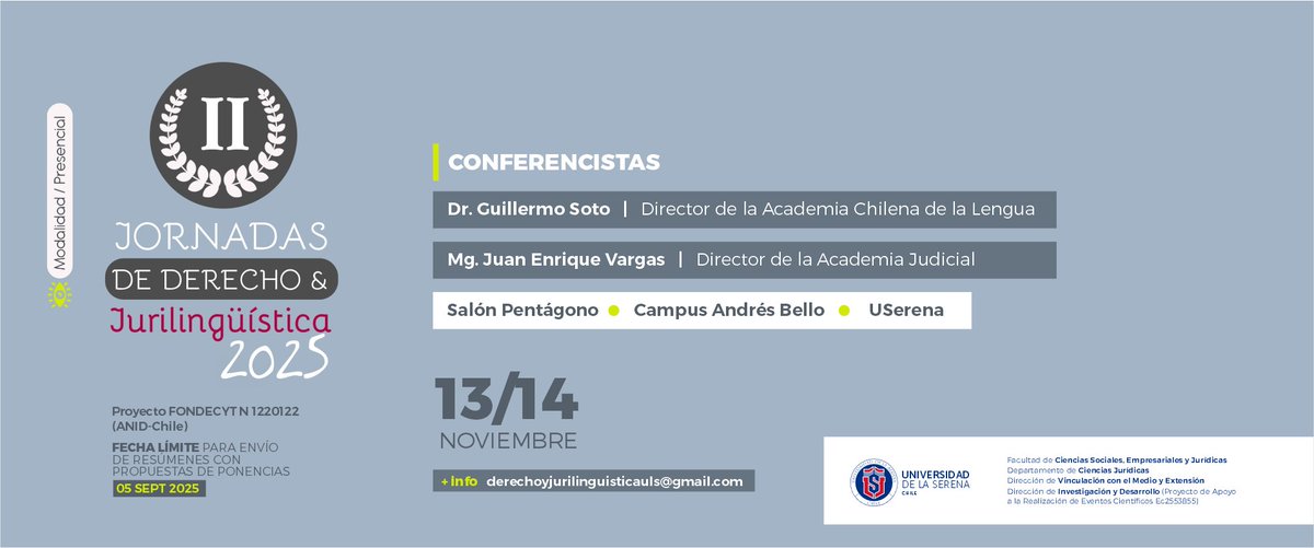 Academia Judicial (@academiajudic1) on Twitter photo Desde la Academia Judicial invitamos a participar en las II Jornadas de Derecho y Jurilingüística, organizadas por <a href="/userena/">U. de La Serena</a>
🗓️ 13 y 14 de noviembre, en La Serena.
🧑⚖️ Expone el director de la Academia Judicial Juan Enrique Vargas.
#LenguajeClaro #Jurilingüística #AcademiaJudicial Desde la Academia Judicial invitamos a participar en las II Jornadas de Derecho y Jurilingüística, organizadas por <a href="/userena/">U. de La Serena</a>
🗓️ 13 y 14 de noviembre, en La Serena.
🧑⚖️ Expone el director de la Academia Judicial Juan Enrique Vargas.
#LenguajeClaro #Jurilingüística #AcademiaJudicial