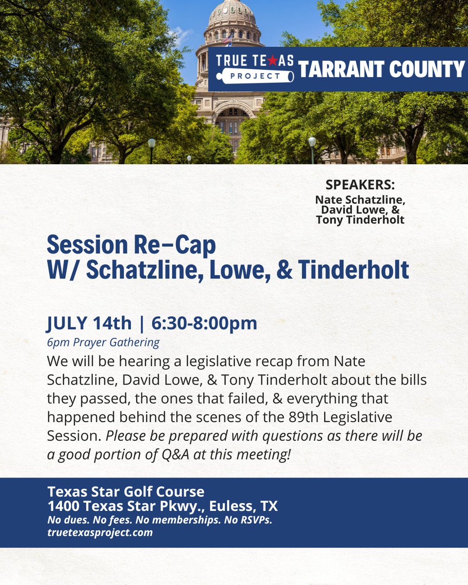 heyjuliesue's tweet image. This is a big one! Join us in Tarrant Monday night with @NateSchatzline @davidlowe @reptinderholt
@TrueTXProject