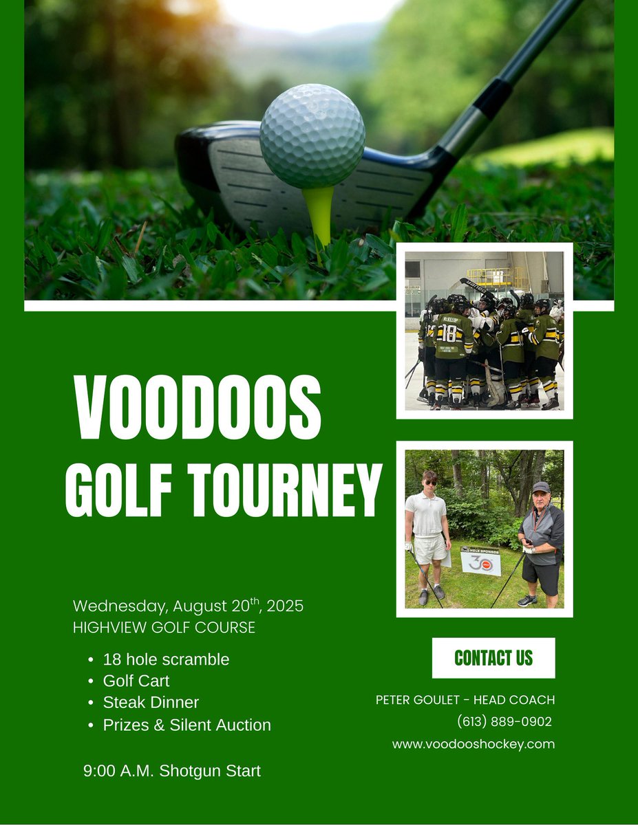Voodoos nation ‼️ 

Our annual golf tournament is coming up and we want YOU to come join us! Spots are filling up fast, so get your foursome registered today and get in on the action!! Contact our Head Coach Peter Goulet to sign up and we will see you on the course!

#TakeFlight