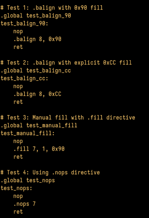 joseph_h_garvin's tweet image. Interesting, gnu assembler recognizes any attempt to align with repetitions of 0x90 as nops and automatically uses wider nop encodings instead.