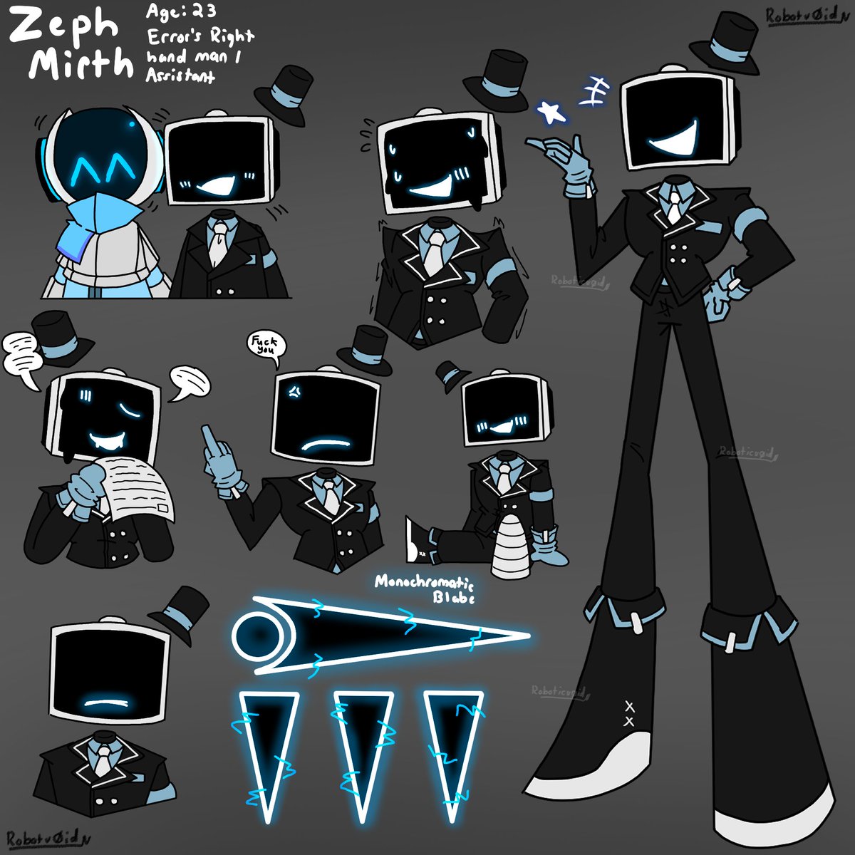 RoboticV0id's tweet image. Here is Zeph&apos;s Redesign!!! He is still Error&apos;s right hand man and Assistant. now he gotten some blue to show that mixed with his more monochromatic color