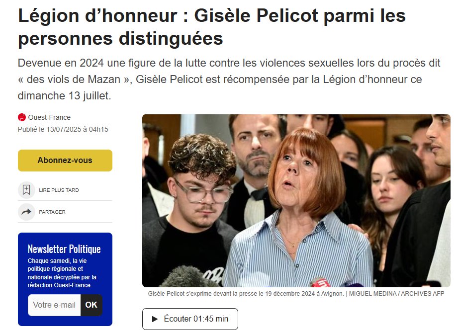 Gisèle #Pelicot, the #French woman who became famous for the #Avignon rape trial, is to receive the French Legion of Honour. This was announced in a list published in the French Official Journal ahead of the French national holiday, Bastille Day, on 14 July.
