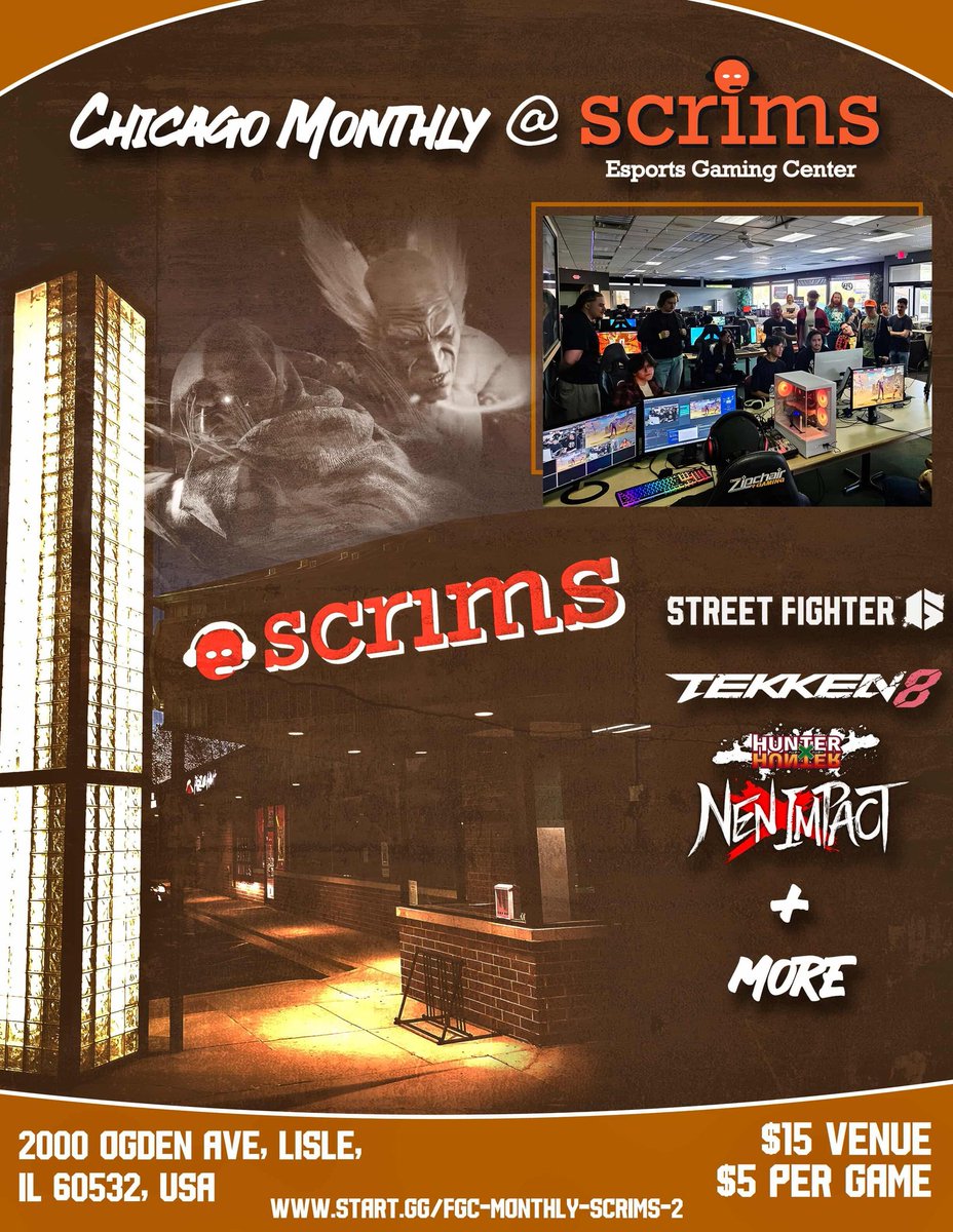 The Chicago Monthly for July will be at <a href="/ScrimsCenter/">Scrims Esports Gaming Center</a> ! Week 1 tournament, so be sure to sign up! See you there

Venue- $15 +$5 per game
Time- 12noon-11pm
Games/schedule 
2PM- COTW/GBR
4PM- NEN/BBCF
6PM- SF6/UMVC3
8PM- T8/SG

Startgg: start.gg/tournament/fgc…