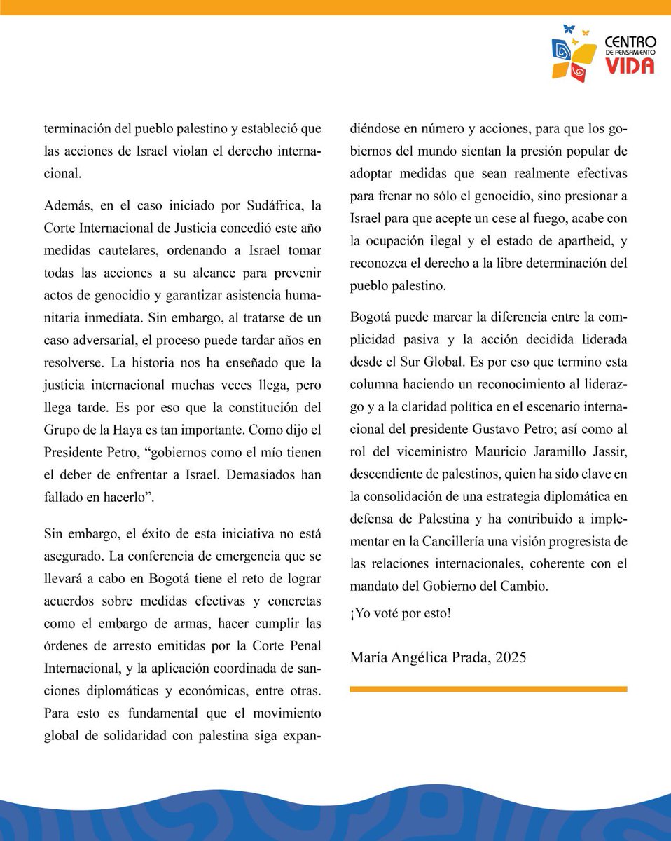 Mariaa_Prada's tweet image. La lucha contra el genocidio en Gaza no es una causa lejana: es una herida abierta que nos debe interpelar como humanidad.
Escribí esta columna para el @Vida_Economia sobre la importancia histórica de la reunión del Grupo de la Haya la próxima semana en Bogotá. Necesitamos…