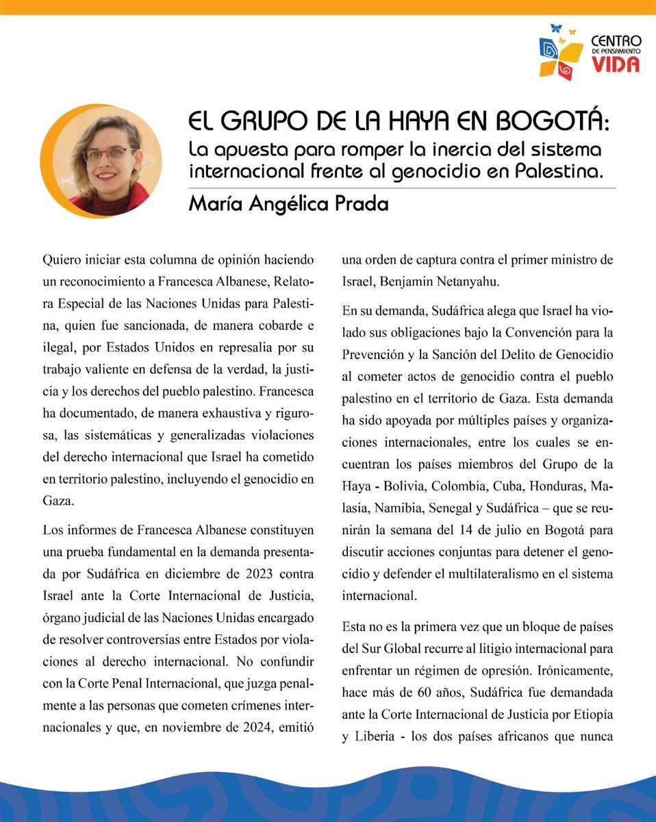 Mariaa_Prada's tweet image. La lucha contra el genocidio en Gaza no es una causa lejana: es una herida abierta que nos debe interpelar como humanidad.
Escribí esta columna para el @Vida_Economia sobre la importancia histórica de la reunión del Grupo de la Haya la próxima semana en Bogotá. Necesitamos…