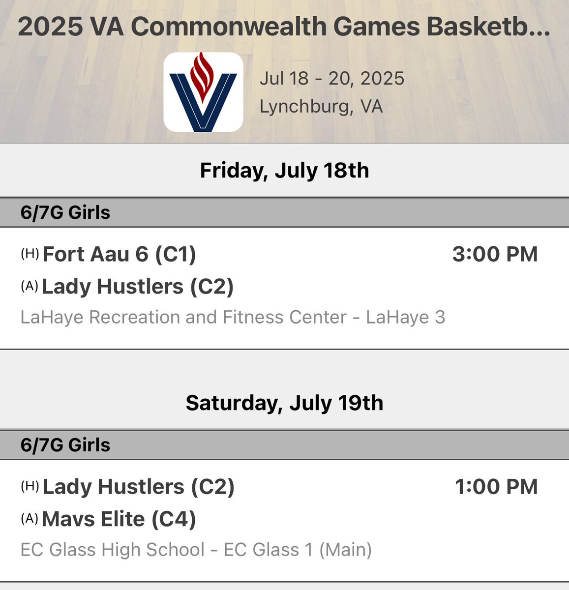 Gianna Hartley (@ghartley101010) on Twitter photo Schedule loaded for this upcoming weekend at the #vacommonwealthgames <a href="/LibertyU/">Liberty University</a>
<a href="/mikemillsnc/">Mike Mills WBB College Recruiting</a> #class2031 Schedule loaded for this upcoming weekend at the #vacommonwealthgames <a href="/LibertyU/">Liberty University</a>
<a href="/mikemillsnc/">Mike Mills WBB College Recruiting</a> #class2031