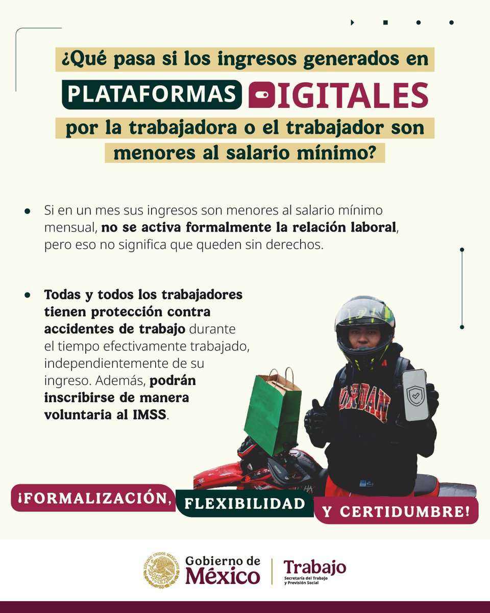 STPS México (@stps_mx) on Twitter photo 🛵 Trabajadoras y trabajadores de #PlataformasDigitales:
Aunque no generen un #SalarioMínimo mensual, tienen protección contra accidentes de trabajo durante el tiempo efectivamente trabajado, independientemente de su ingreso.
¿Dudas? Escribe a:
plataformasdigitales@stps.gob.mx 🛵 Trabajadoras y trabajadores de #PlataformasDigitales:
Aunque no generen un #SalarioMínimo mensual, tienen protección contra accidentes de trabajo durante el tiempo efectivamente trabajado, independientemente de su ingreso.
¿Dudas? Escribe a:
plataformasdigitales@stps.gob.mx