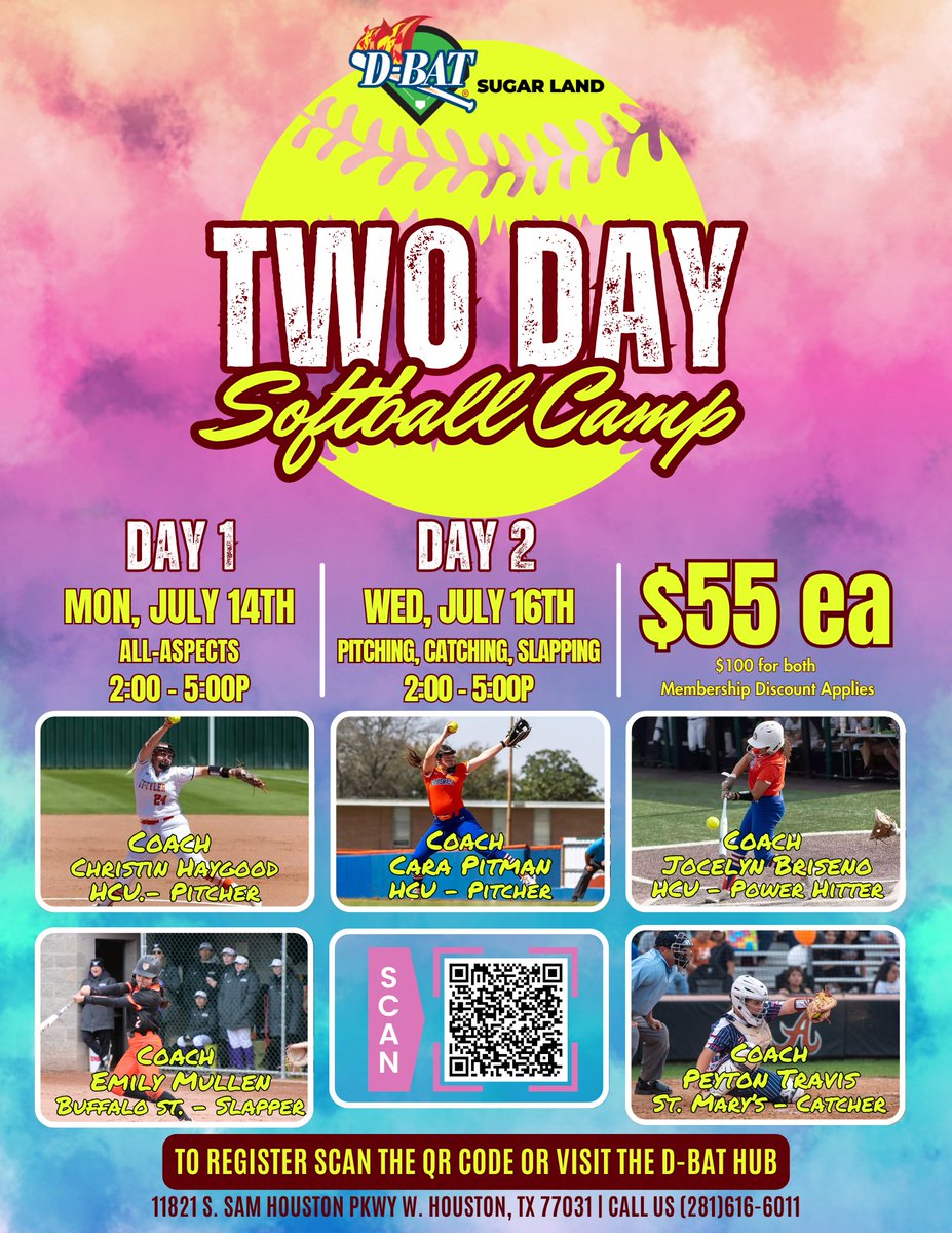 Summer camp opportunity offered by HCU, St. Mary's  and Buffalo State players!! 

Located in Sugarland  

Monday July 14th &amp; Wednesday July 16th

2pm-5pm

Age 7+

$55 each  or $100 for both