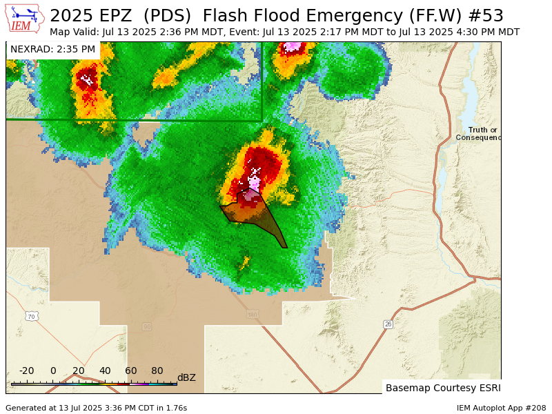 Iembot_emerg's tweet image. EPZ continues Flash Flood Emergency [flash flood: radar indicated, flash flood damage threat: catastrophic] for Grant [NM] till Jul 13, 4:30 PM MDT mesonet.agron.iastate.edu/vtec/f/2025-O-…