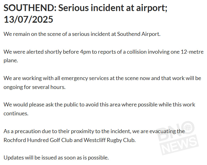 BNODesk's tweet image. Police statement on plane crash at London Southend Airport. Nearby clubs being evacuated as a precaution
