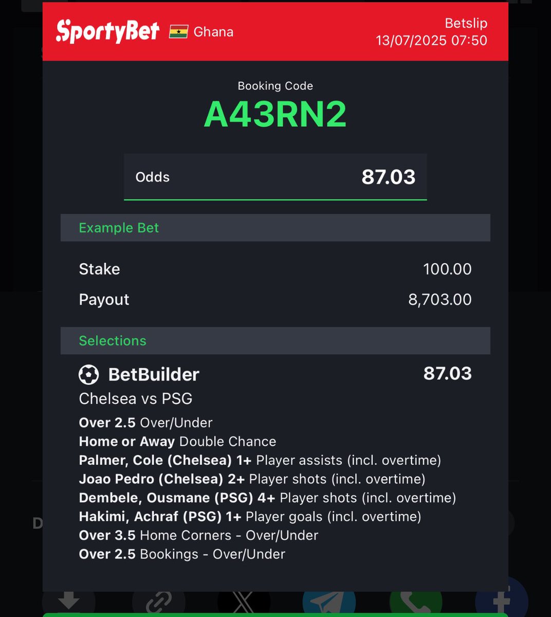 Tecguidegh's tweet image. #FIFA CWC FINALE BETBUILDER 87+ ODDS A43RN2