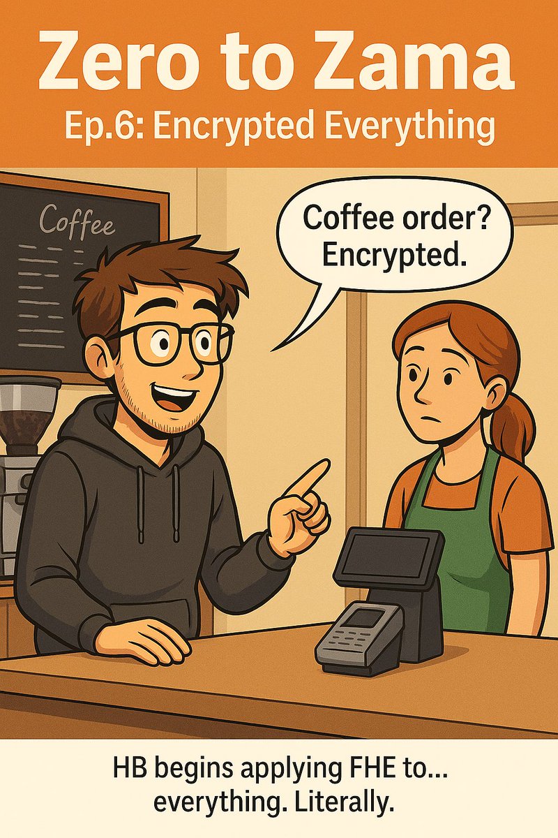 herbcase7's tweet photo. #6

HB just wanted a coffee.
But he couldn’t resist encrypting the entire order.

Zero to Zama - Ep.6: "Encrypted Everything"
#Zama #FHE #web3privacy #devmeme #crypto #encryptedlife @zama https://t.co/VBrMsn7uMe